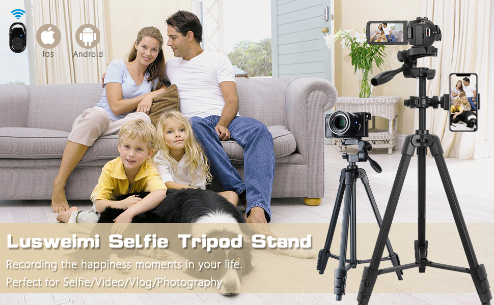 55inch/140cm Mobile Phone Tripod with 2 Phone Holders and Remote Control, Lightweight Tripod for Selfie and Camera with Carrying Bag