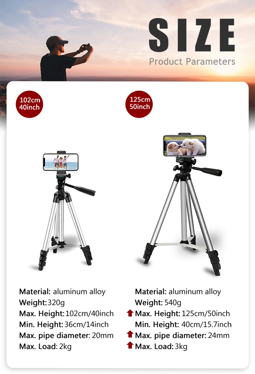 Lightweight Camera Tripod with 2 Cell Phone Holders and Bluetooth Remote, Travel Carry Bag for Mobile Youtube Live