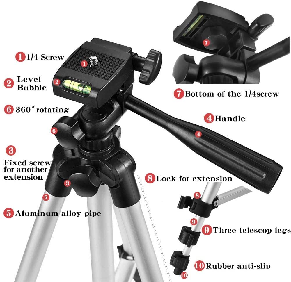 50inch/125cm Lightweight Mobile Phone Tripod with Remote Control and Mobile Phone Holder, Gopro Camera