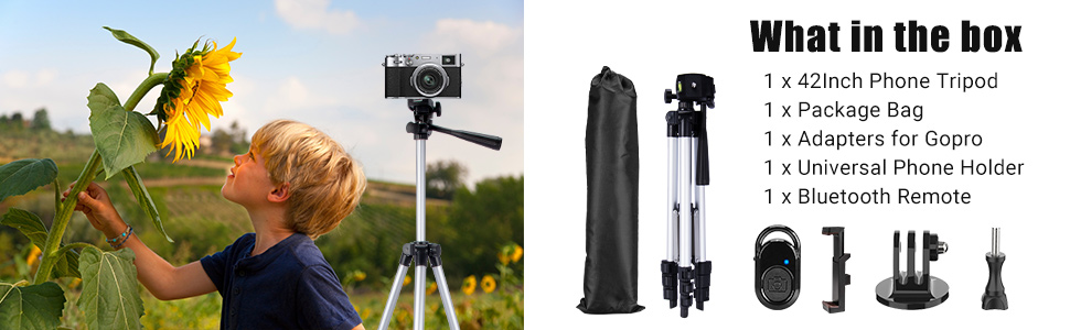 50inch/125cm Lightweight Mobile Phone Tripod with Remote Control and Mobile Phone Holder, Gopro Camera