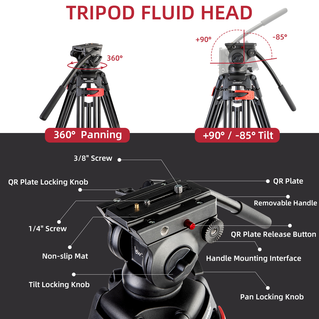 180CM Aluminum Alloy Video Camera Tripod with Fluid Head, Heavy Duty Tripod for Video/Photography/Canon/Nikon/DSLR/Camcorder