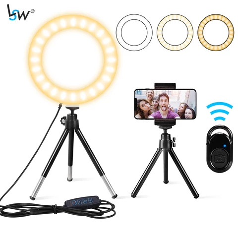 Mini 6" LED Ring Light, with Tripod, Mobile Phone Holder, Remote Control, for YouTube, Video Conference