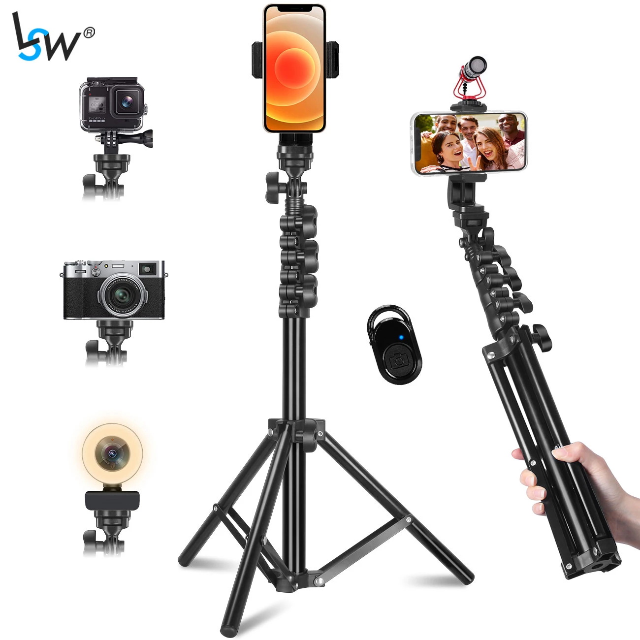 Mobile Phone Tripod, 150cm Selfie Tripod for iPhone and Gopro with Bluetooth Remote, Universal Phone Holder