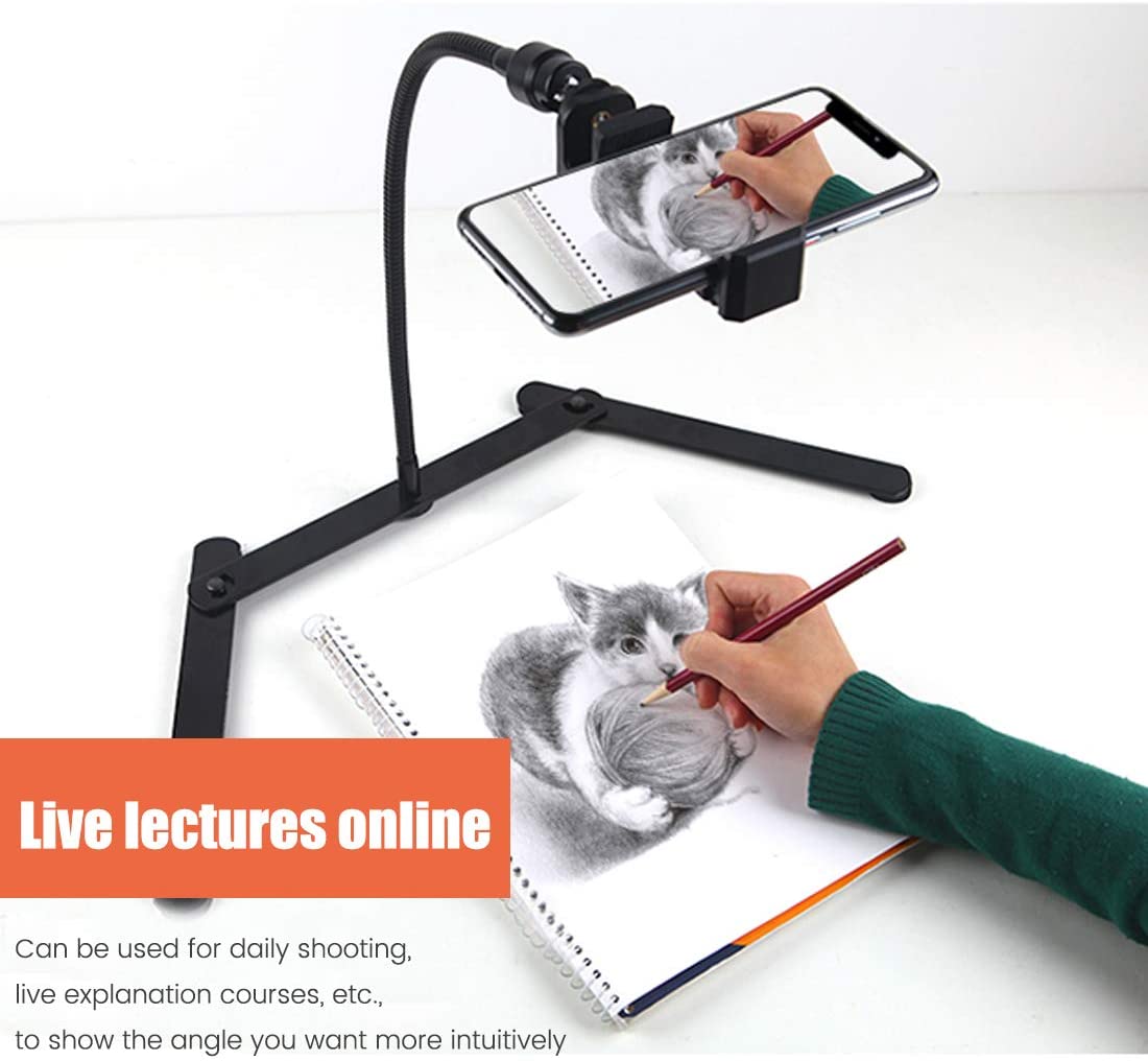 Ajustable Tripod with Cellphone Holder, Overhead Phone Mount, Table Top Teaching Online Stand for Live Streaming/Online Video