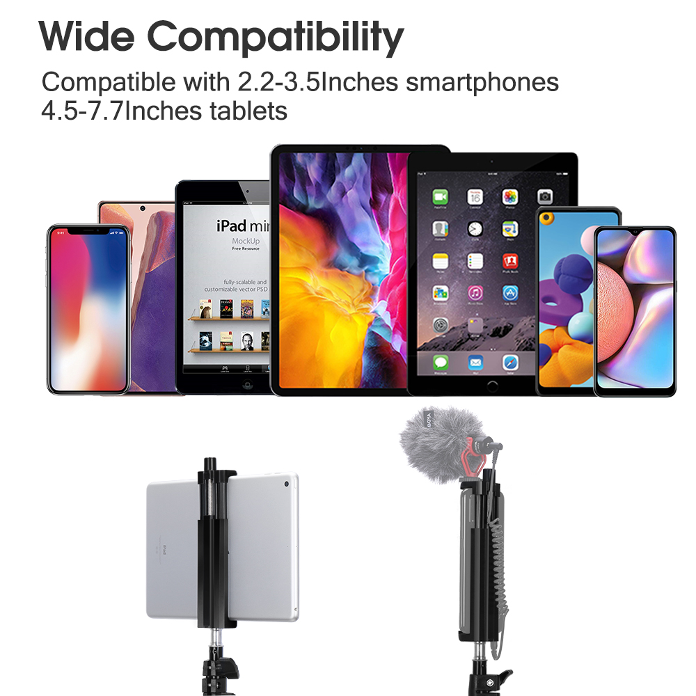 Universal Tablet Clamp Holder Tripod Mount Adapter Compatible with iPhone & iPad Pro/Air/ Mini with Cold Shoe For Microphone