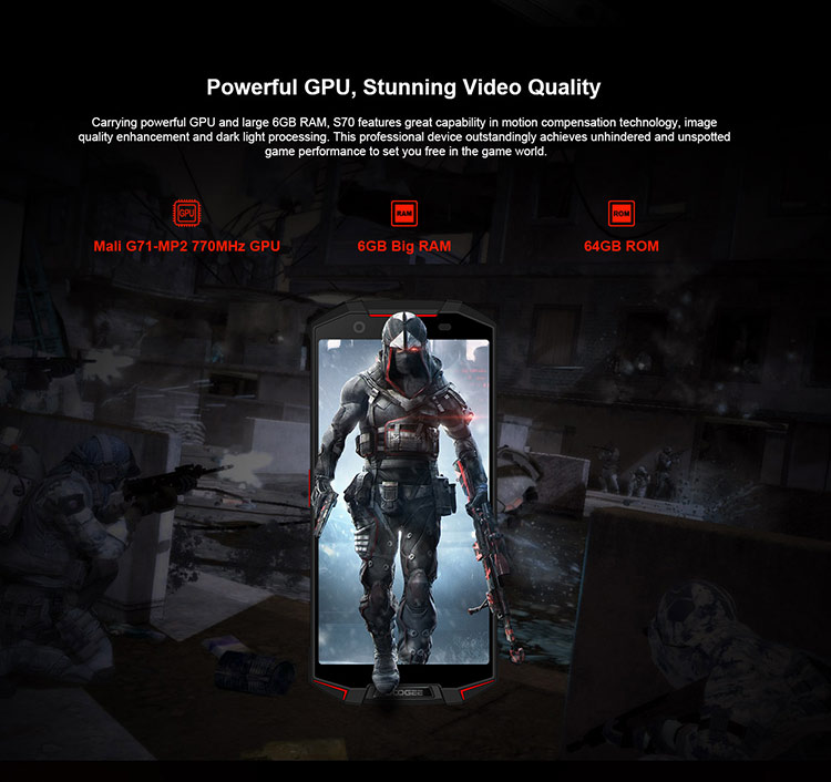 DOOGEE S70 6GB RAM 64GB ROM Helio P23 MTK6763T 2.5GHz Octa Core 5.99 Inch IPS Corning Gorilla Glass 4 FHD+ Screen Dual Camera IP68 IP69K Waterproof Android 8.1 4G LTE Smartphone